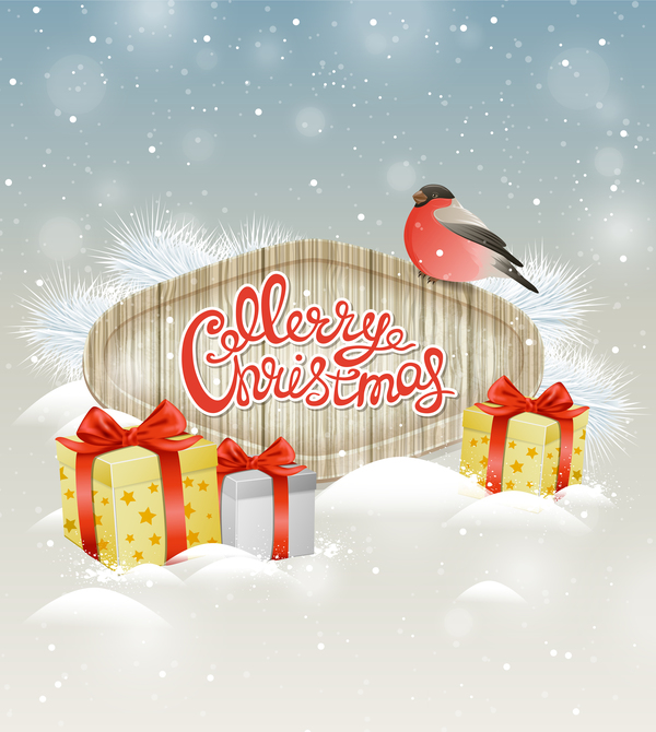 Christmas wooden label with bird vector 06