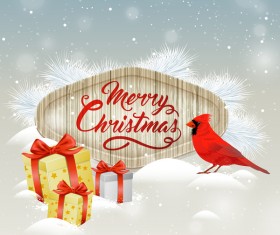 Christmas wooden label with bird vector 07