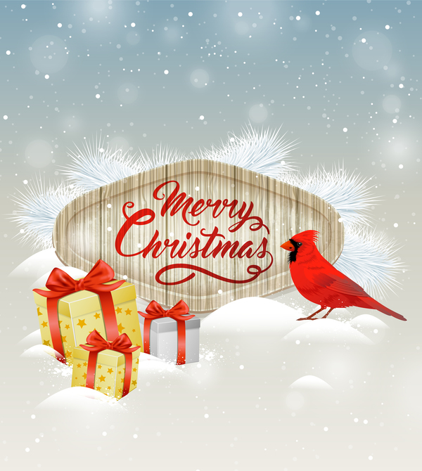 Christmas wooden label with bird vector 07
