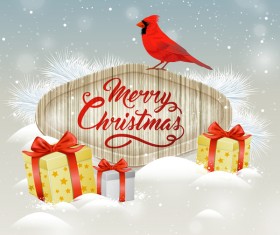 Christmas wooden label with bird vector 08