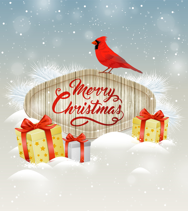 Christmas wooden label with bird vector 08
