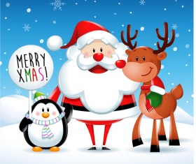 Cute santa with deer and penguin christmas vector