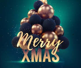 Dark green xmas party flyer template with balloon christmas tree vector 01