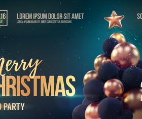 Dark green xmas party flyer template with balloon christmas tree vector 02