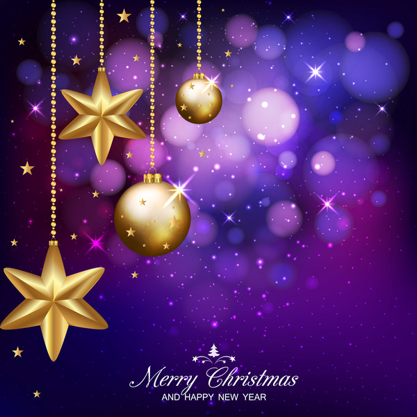 Dark purple  christmas background with xmas golden balls and stars vector