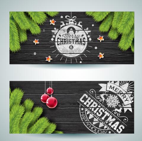 Dark wood textured with christmas banners vector 01