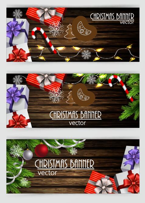 Dark wood textured with christmas banners vector 02