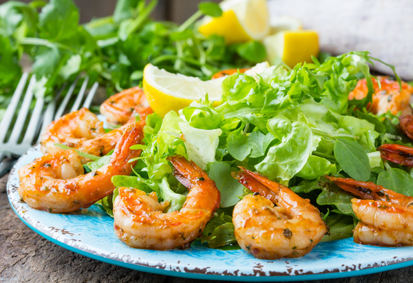Delicious grilled shrimp with vegetables Stock Photo