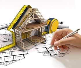Design house model with drawings, designer HD picture