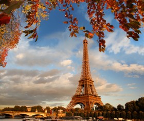 Eiffel Tower with autumn leaves in Paris Stock Photo 01
