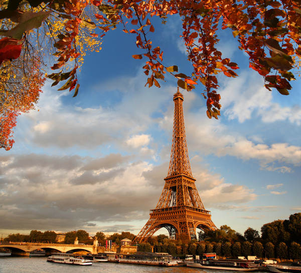 Eiffel Tower with autumn leaves in Paris Stock Photo 01