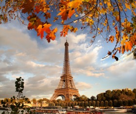 Eiffel Tower with autumn leaves in Paris Stock Photo 02