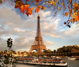 Eiffel Tower with autumn leaves in Paris Stock Photo 04