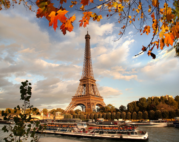 Eiffel Tower with autumn leaves in Paris Stock Photo 04