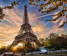 Eiffel Tower with autumn leaves in Paris Stock Photo 05