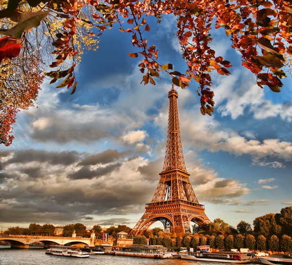 Eiffel Tower with autumn leaves in Paris Stock Photo 06