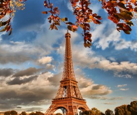 Eiffel Tower with autumn leaves in Paris Stock Photo 07