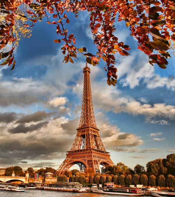 Eiffel Tower with autumn leaves in Paris Stock Photo 07