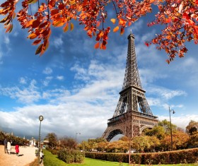 Eiffel Tower with autumn leaves in Paris Stock Photo 08