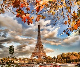 Eiffel Tower with autumn leaves in Paris Stock Photo 10