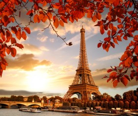 Eiffel Tower with autumn leaves in Paris Stock Photo 12