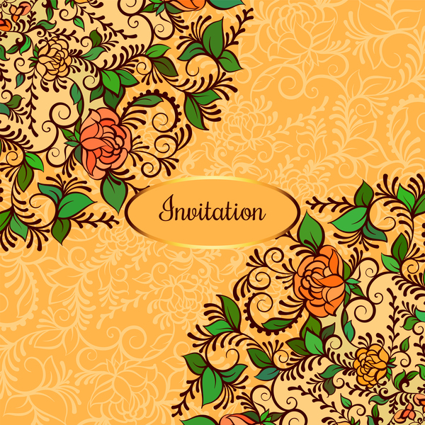 Elegant flower with ornate invitation card vector 03