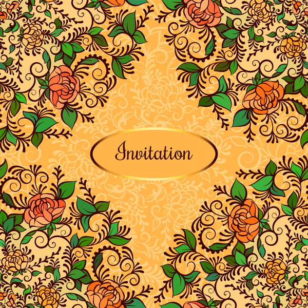 Elegant flower with ornate invitation card vector 04