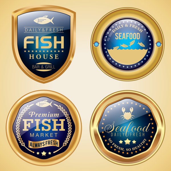 Fish badges golden vector