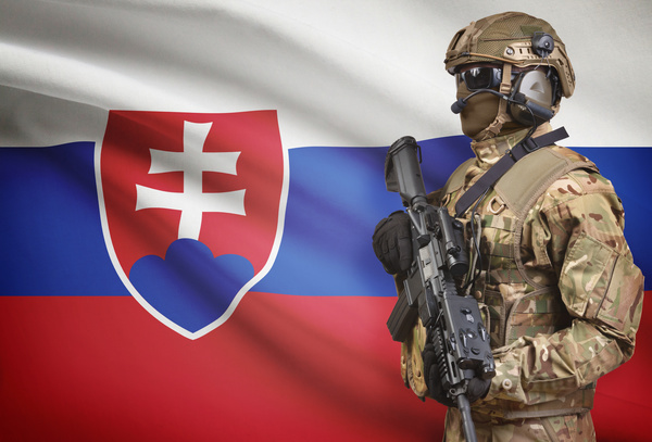 Flag of Slovakia with fully armed soldiers Stock Photo