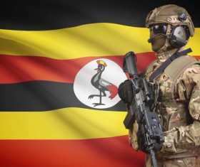 Flag of Uganda with heavily armed soldiers HD picture