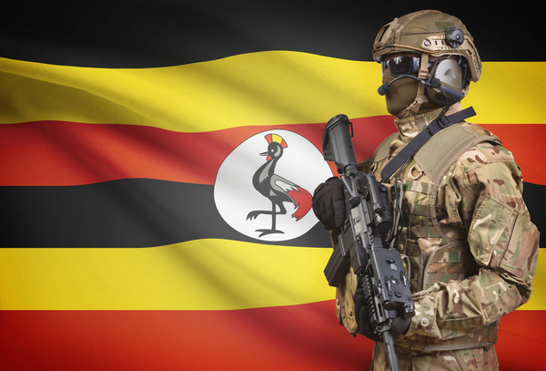 Flag of Uganda with heavily armed soldiers HD picture