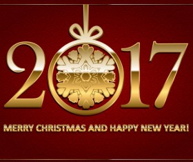 Golden 2017 new year with christmas with red background vector