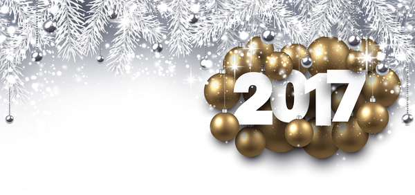 Golden christmas baubles with 2017 new year shining background vector 01