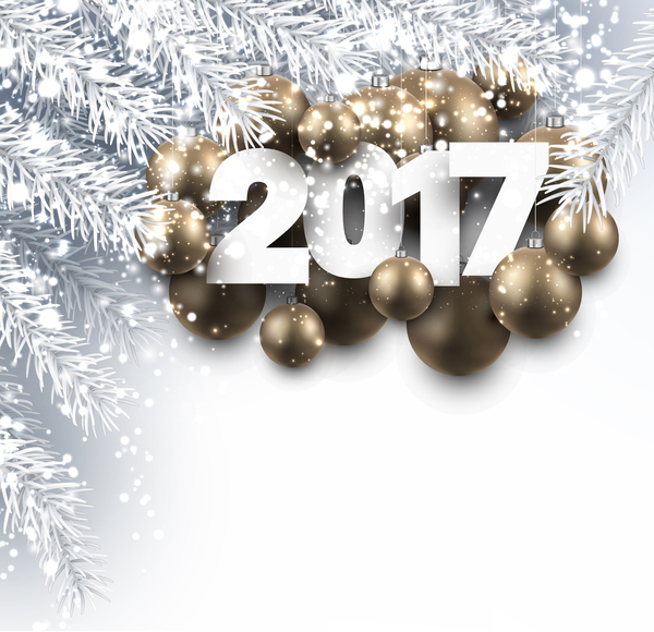 Golden christmas baubles with 2017 new year shining background vector 02