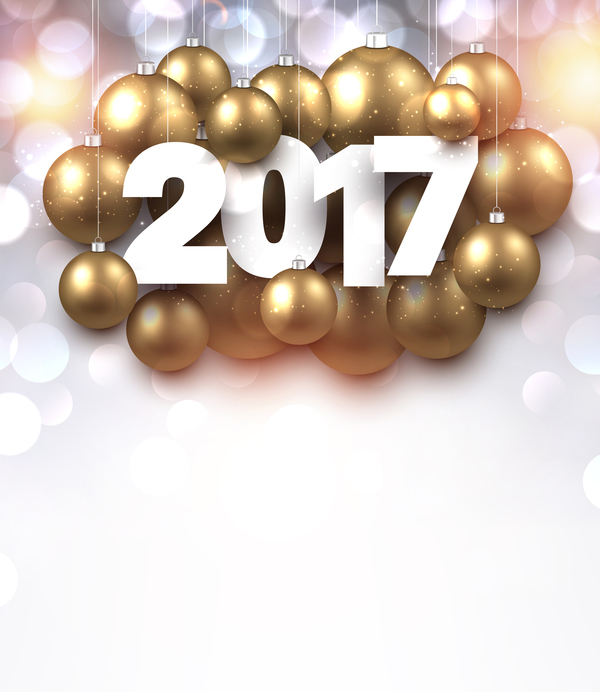 Golden christmas baubles with 2017 new year shining background vector 03
