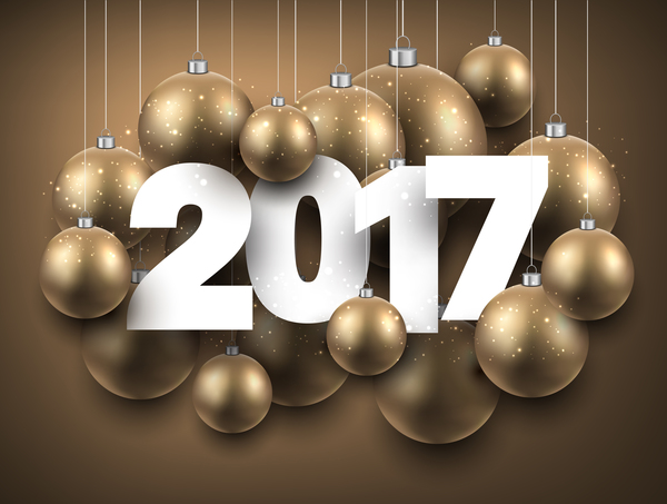 Golden new year background with 2017 christmas baubles vector