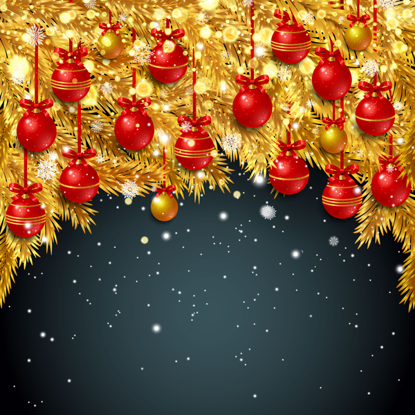 Golden pine needles with red christmas ball and dark background vector