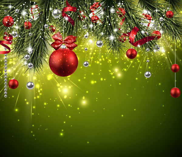 Green background with shiny christmas baubles vector free download