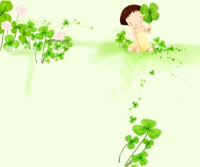 Green cartoon child with plant Stock Photo