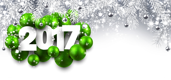 Green christmas baubles with 2017 new year winter background vector