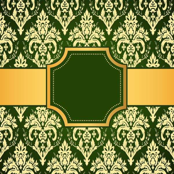 Green decoration pattern background with golden frame vector 01