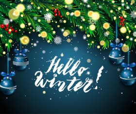 Green pine needles with winter christmas background vector 01