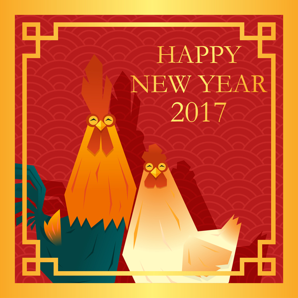 Happy new year 2017 background with rooster vector 04