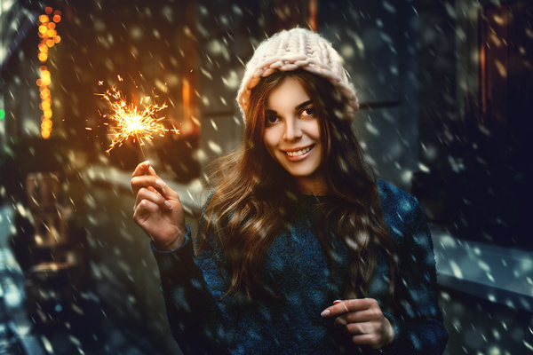 Happy smiling girl with fireworks in hand HD picture 01