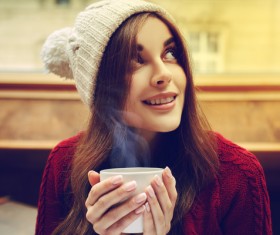 Happy smiling girl with hot coffee HD picture
