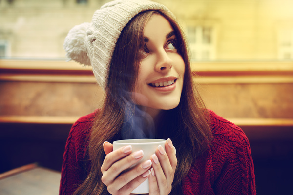 Happy smiling girl with hot coffee HD picture