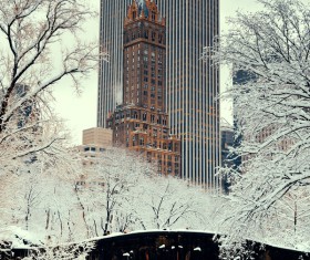 High-rise buildings hanging in winter snow Stock Photo