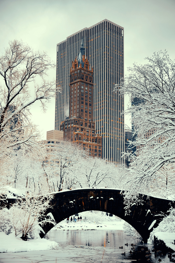 High-rise buildings hanging in winter snow Stock Photo