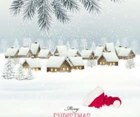 Holiday christmas background with winter landscare and santa hat vector