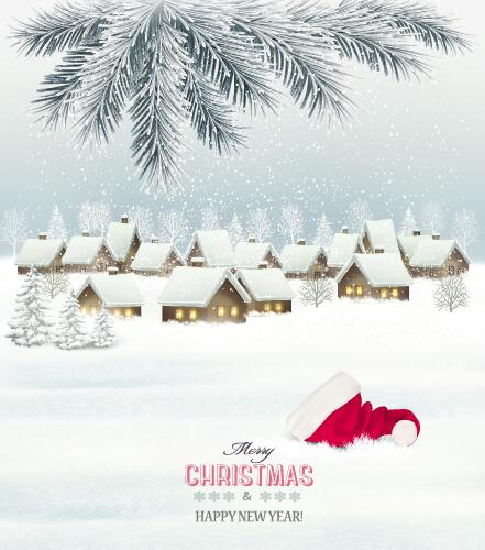 Holiday christmas background with winter landscare and santa hat vector